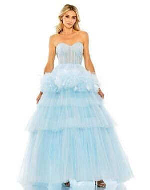 Mac Duggal Blue Size 8 Tulle Ball Gown 20572 Feather Ruffle Strapless NWT $998